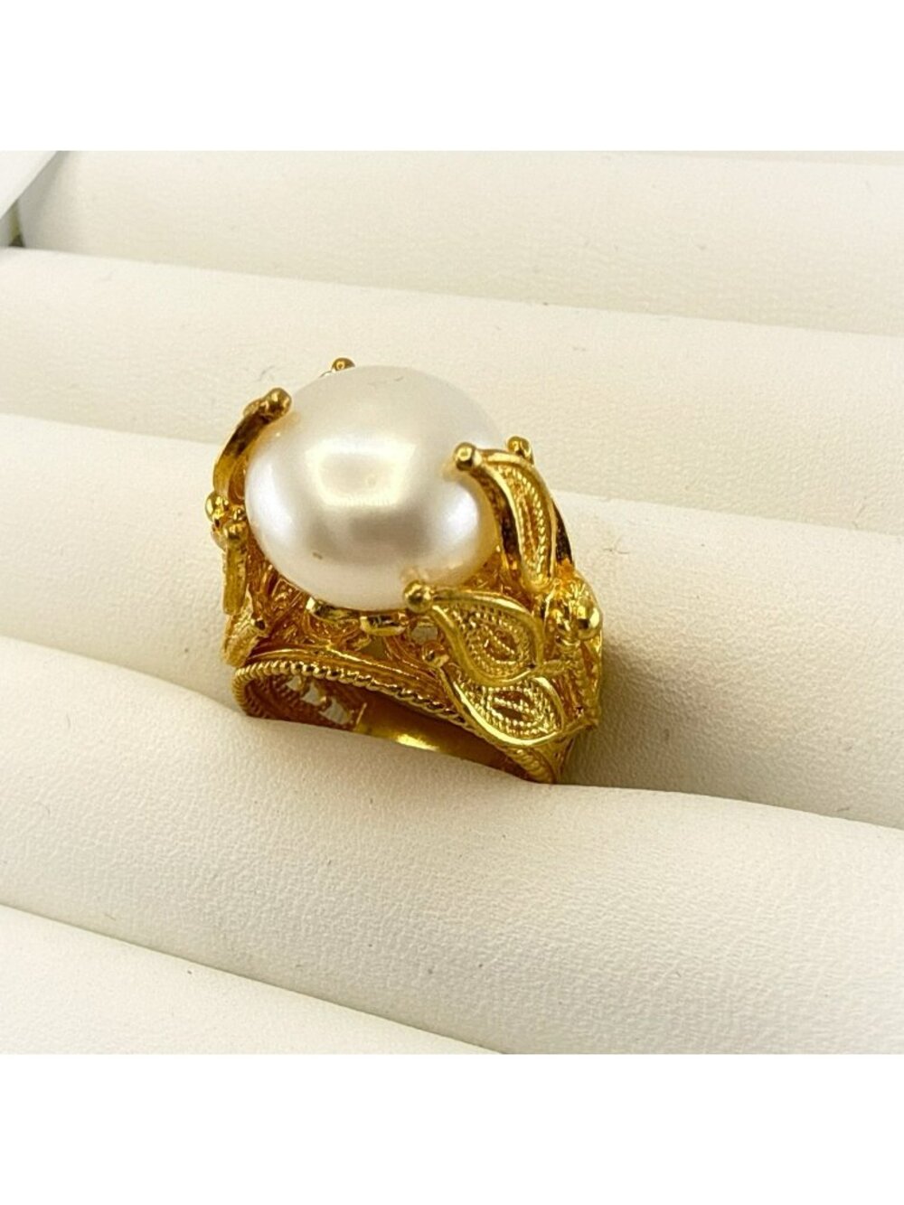 JTV Ring Pearl Sterling Silver 925 Gold Vermeil size 7 Elaborate Fancy Leaf Vine
